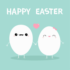 Happy Easter Egg couple family Kawaii face.Cute cartoon character holding hands. Love heart. Eyes, moustaches, lips. Boy and girl Friends Greeting card Flat design Blue pastel color background.