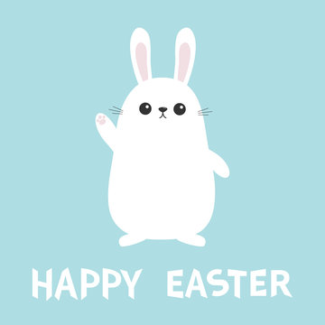 Happy Easter. White bunny rabbit waving hand. Funny head face. Big ears. Cute kawaii cartoon character. Baby greeting card Blue pastel color background. Flat design.