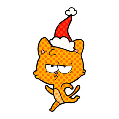 bored comic book style illustration of a cat wearing santa hat