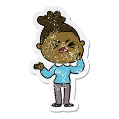 distressed sticker of a cartoon angry woman