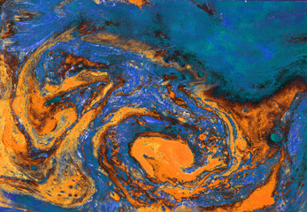 Fototapeta na wymiar abstract orange gold blue marble texture, acrylics art
