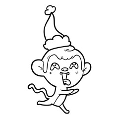 crazy line drawing of a monkey running wearing santa hat