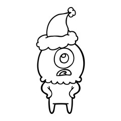line drawing of a cyclops alien spaceman wearing santa hat