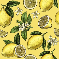 Tapeten Zitronen Zitronen und Blumen. Vektor nahtlose Muster