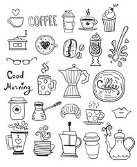 Doodle set of coffee drawings, handmade sketches.