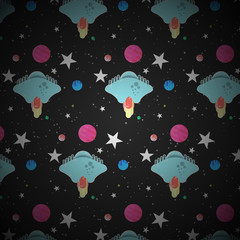 Background from space objects such as a spaceship, planets, stars.