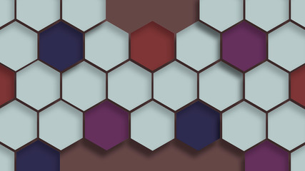 Colorful hexagons on the red background. Abstract geometric structure. Hexagon texture