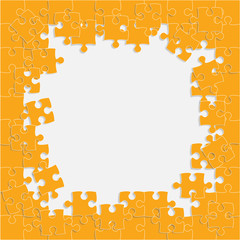 Vector jigsaw puzzle orange pieces frame, banner.