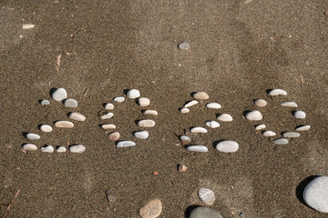 Fototapeta na wymiar 2020 Year written on the beach sand