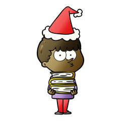 gradient cartoon of a curious boy with lots of books wearing santa hat