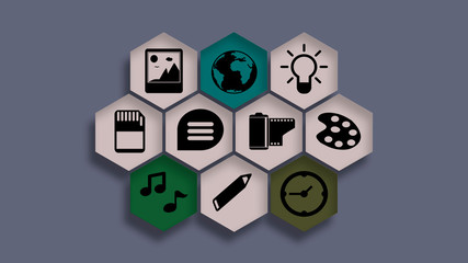 Obraz premium Beautiful hexagon buttons with black icons on the purple background