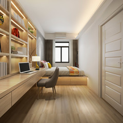 3d rendering beautiful luxury bedroom suite in hotel with tv and working table