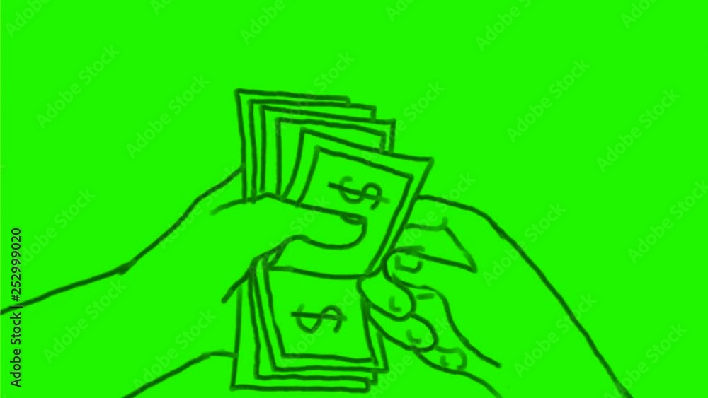 Poster 2d animation motion graphics showing a drawing of a hand counting a roll of dollar money banknotes b