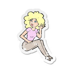 retro distressed sticker of a cartoon woman listening