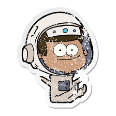 distressed sticker of a happy astronaut cartoon
