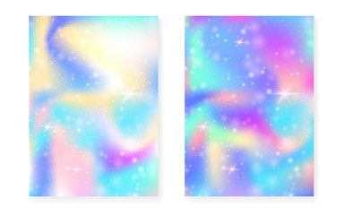 Princess background with kawaii rainbow gradient. Magic unicorn hologram. Holographic fairy set. Bright fantasy cover. Princess background with sparkles and stars for cute girl party invitation.