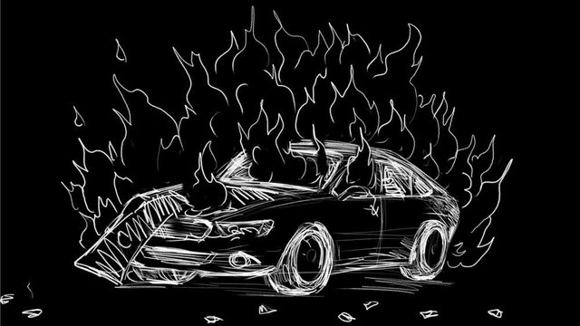 2d Animation motion graphics showing a drawing of a car automobile exploding in a big explosion on white and green screen with alpha matte in HD high definition.