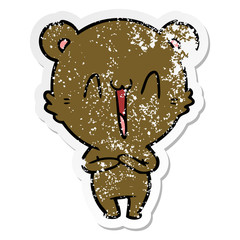distressed sticker of a happy bear cartoon