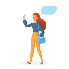 Walking girl using mobile phone with quote empty place. Social communication concept for taking selfie, video call. Cartoon character illustration