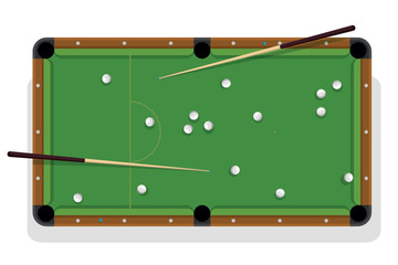 Billiard table, cue and pool balls for game. Billiard table with white balls and two cua top view.