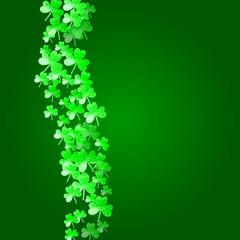 Saint patricks day background with shamrock. Lucky trefoil confetti. Glitter frame of clover leaves. Template for flyer, special business offer, promo. Merry saint patricks day backdrop.