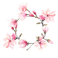 Beautiful lovely tender herbal wonderful floral summer wreath of a pink Japanese magnolia flowers watercolor hand illustration. Perfect for textile, wallpapers, invitation, wrapping paper, phone case