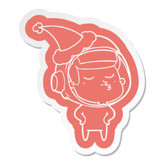 cartoon  sticker of a confident astronaut wearing santa hat