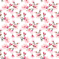 Beautiful lovely tender herbal wonderful floral summer pattern of a pink Japanese magnolia flowers watercolor hand illustration. Perfect for textile, wallpapers, invitation, wrapping paper, phone case