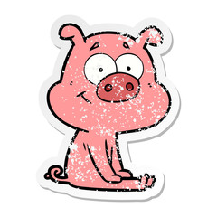 distressed sticker of a happy cartoon pig sitting