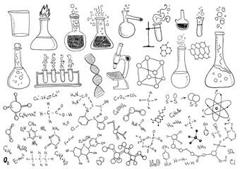 Science education doodle set of Biology, mathematics, physics, chemistry, robotic technology,