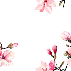 Beautiful lovely tender herbal wonderful floral summer frame of a pink Japanese magnolia flowers watercolor hand illustration. Perfect for textile, wallpapers, invitation, wrapping paper, phone case