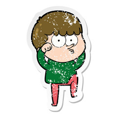 distressed sticker of a cartoon curious boy rubbing eyes in disbelief