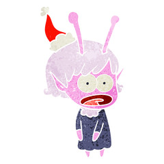retro cartoon of a shocked alien girl wearing santa hat