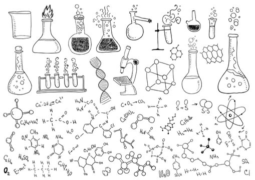 Science education doodle set of Biology, mathematics, physics, chemistry, robotic technology,