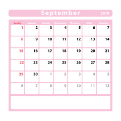 Calendar sheet for the month of september 2019, pink colour