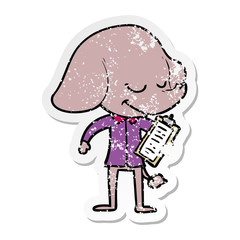 distressed sticker of a cartoon smiling elephant with clipboard