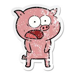distressed sticker of a cartoon pig shouting