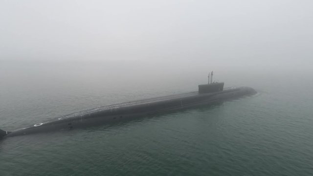 Nuclear above-water submarine in the open sea.