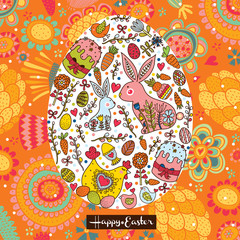 Fototapeta premium Decorative Easter card with Easter egg. Rabbits, flowers, chicken, chickens and polka dots.