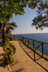 Fototapeta premium Italy, Cinque Terre, Manarola, a beach with palm trees and a body of water
