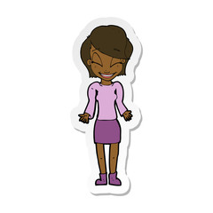 sticker of a cartoon happy woman shrugging shoulders
