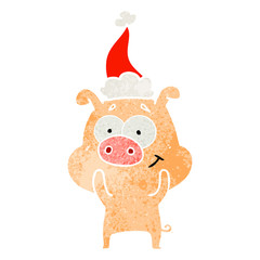 happy retro cartoon of a pig wearing santa hat