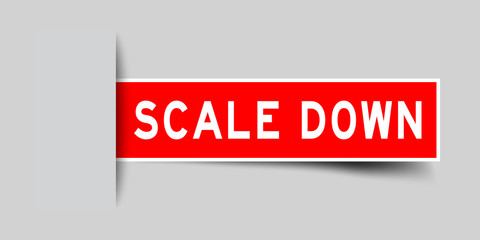 Label square red sticker in word scale down that insert under gray background (vector)
