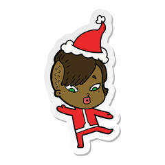 sticker cartoon of a surprised girl in science fiction clothes wearing santa hat
