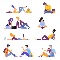 A collection of people on vacation and at work. People read books, make selfies, communicate, meditate. Vector illustration