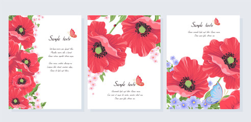 Set of postcards with wild flowers on a white background