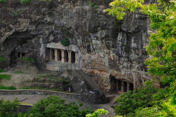 Fototapeta na wymiar Facade of caves 5 , 6, 7, Aurangabad caves, Eastern Group, Aurangabad, Maharashtra, India.