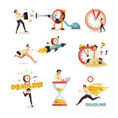 Deadline clock and hourglass businessman time delay isolated icons