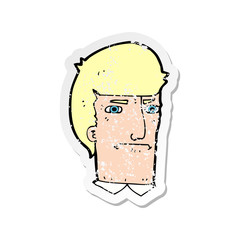 retro distressed sticker of a cartoon man narrowing eyes