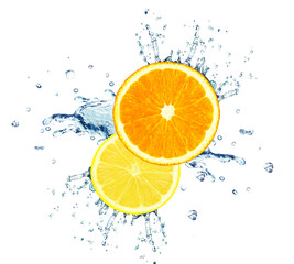 Fototapeta na wymiar orange and lemon with water splash isolated on white